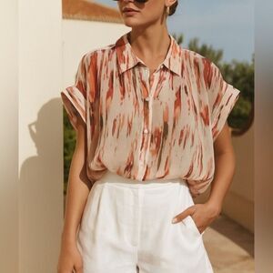 DKNY Women's Sheer Abstract Chiffon Dolman Sleeve Button Top sz S Artsy Beachy